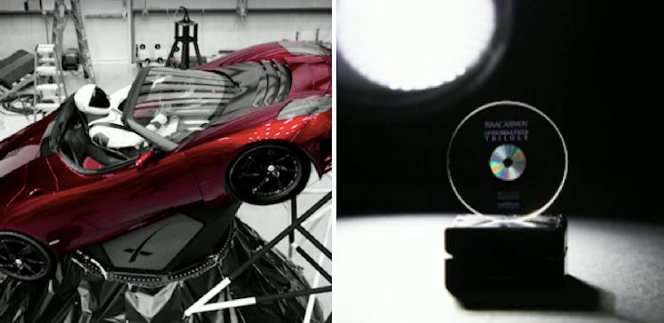 The "Spaceman" Tesla Roadster and the Arch containing the Asimov 'Foundation" trilogy.