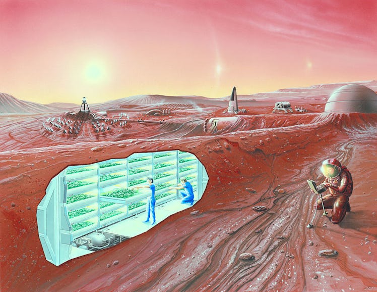 An artist's conception of a human Mars base, with a cutaway revealing an interior horticultural area...