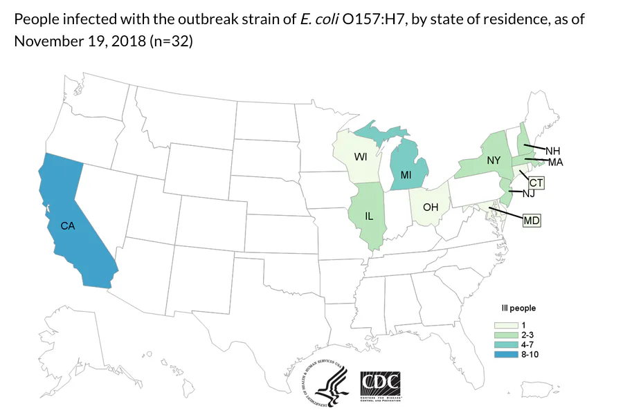 November 2018 E. Coli Map Shows Where Romaine Lettuce Has Made People Sick