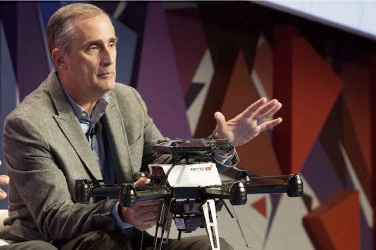 Intel CEO Brian Krzanich holding a drone during his speech