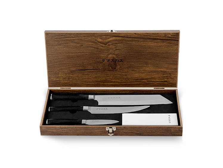 Damasukasu 3-Piece Japanese AKUMA Master Chef Blade Set & Whetstone