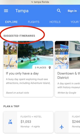 Google search results for suggested itineraries in Tampa