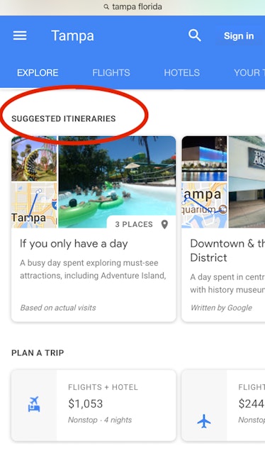 Google search results for suggested itineraries in Tampa