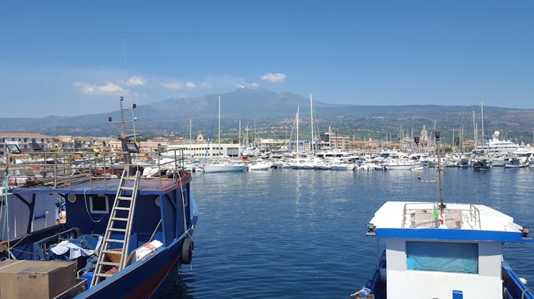 From Riposto Harbor, you can see the unstable southeastern flank of Mount Etna.