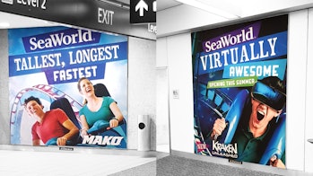 SeaWorld’s traditional (left) and VR-enhanced (right) roller coaster advertisements at Orlando Inter...