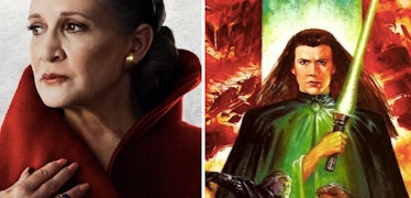 Left: Leia in 'The Last Jedi.' Right: Leia with a green lightsaber in the 'Dark Empire' comics.