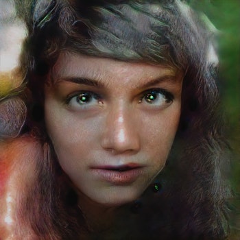 An AI generated face of a girl with brown hair and light brown eyes