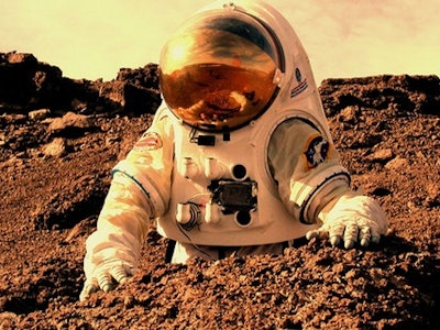 An astronaut in uniform and a helmet on Mars