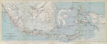 An 1874 map of the Malay Archipelago, tracing Wallace’s travels.