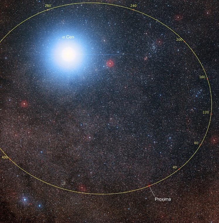 Orbital plot of Proxima Centauri showing its position with respect to Alpha Centauri over the coming...