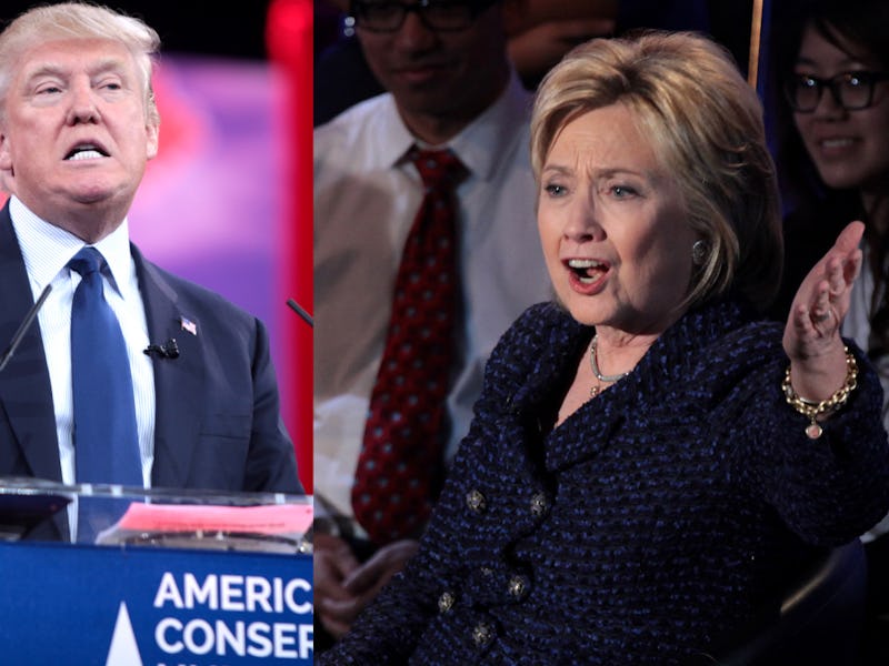 A two-part collage featuring Donald Trump and Hillary Clinton giving a speech