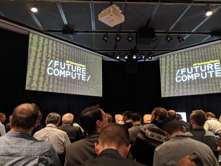 An audience waits for speakers to take the stage on December 2, 2019 at MIT Technology Review's Futu...