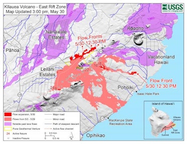 Map of lava flows as of 3:00 p.m. on May 30.