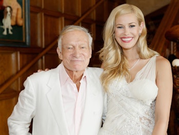 HOLMBY HILLS, CA - MAY 15: Playboy Founder and Editor in Chief Hugh M. Hefner (L) and 2014 Playmate ...