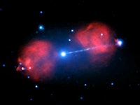 Black hole jets flying in space in with blue and red light shapes