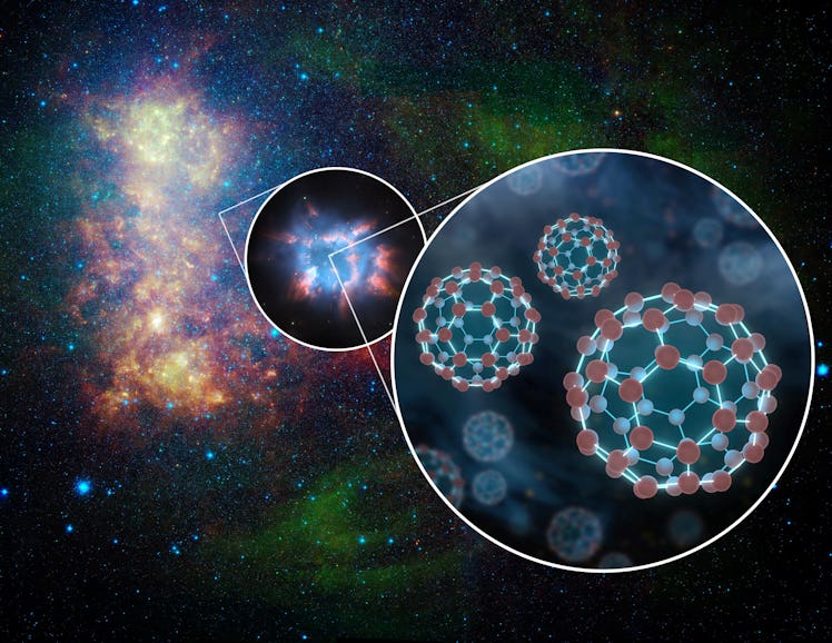 Buckyballs, which consist of 60 carbon atoms arranged like soccer balls, were detected in space by H...