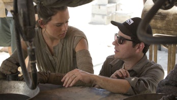 J.J. Abrams directing Daisy Ridley in 'Star Wars: The Force Awakens'.