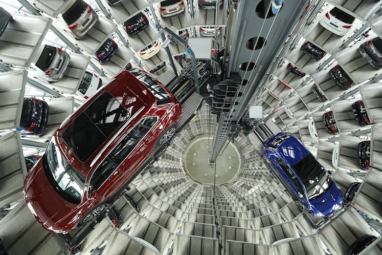 Cars standing inside a tower at Volkswagen's headquarters in Germany.