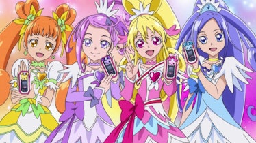 'Glitter Force Doki Doki' Netflix's show illustrated picture of 4 female different colored character...