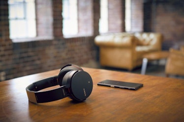 Sony extra bass wireless over-the-ear headphones on a table