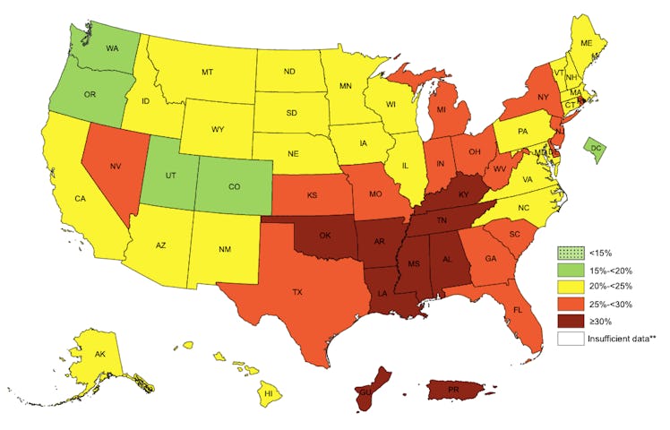 This map shows the percentage of people who lead sedentary lifestyles living in each state.