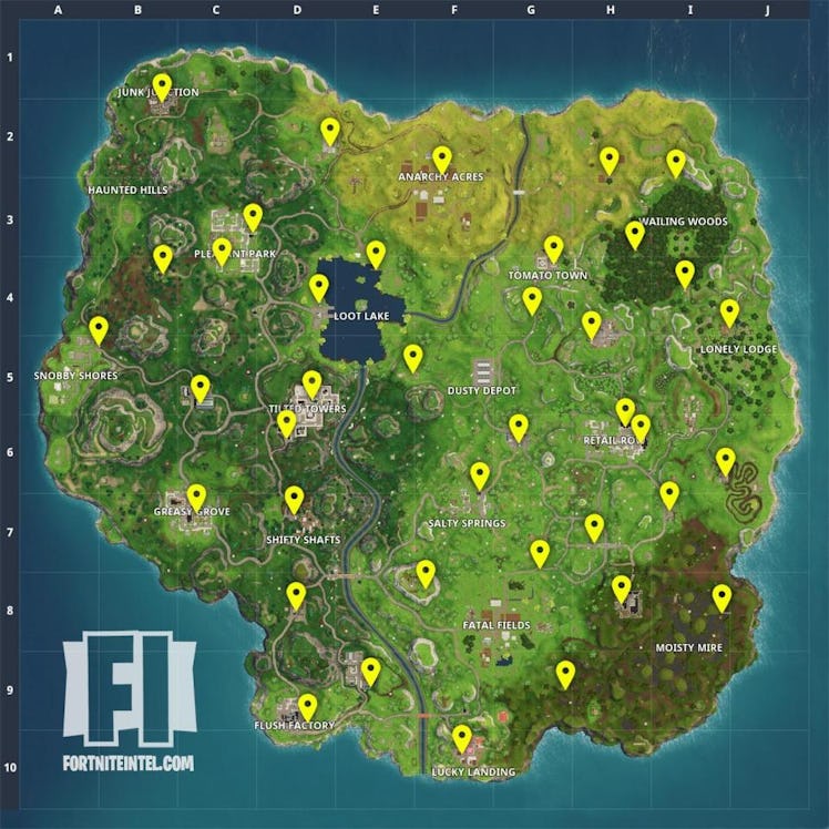 Vending machine spawn locations on the 'Fortnite: Battle Royale' map.