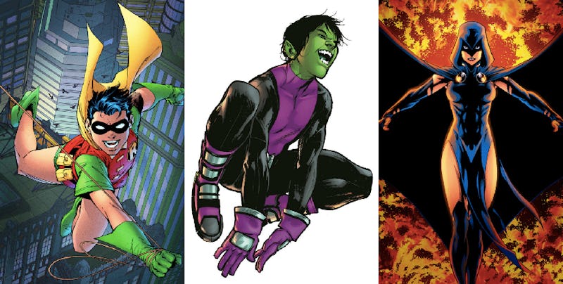 A three-part collage showing Dick Grayson, Beast Boy and Raven in the comic book series