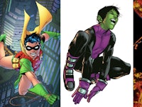 A three-part collage showing Dick Grayson, Beast Boy and Raven in the comic book series