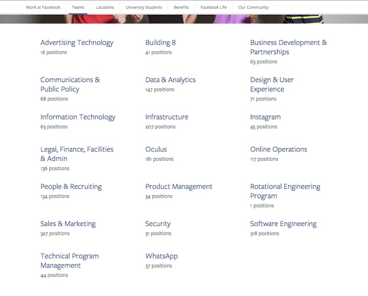 Screenshot of Facebook's jobs or careers page. 