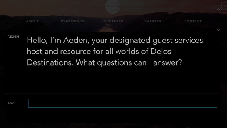 Aeden bot intro message from Westworld/Delos website
