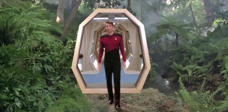 Star Trek The Next Generation scene where a guy is standing in the middle of the forest