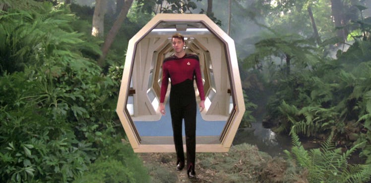 Star Trek The Next Generation scene where a guy is standing in the middle of the forest