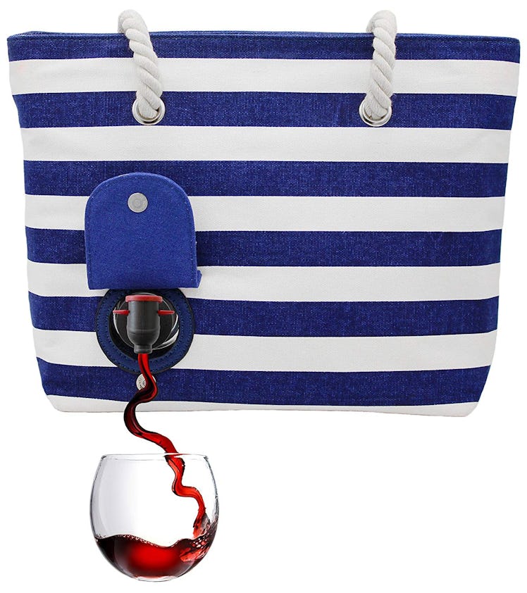 A blue and white beach bag  