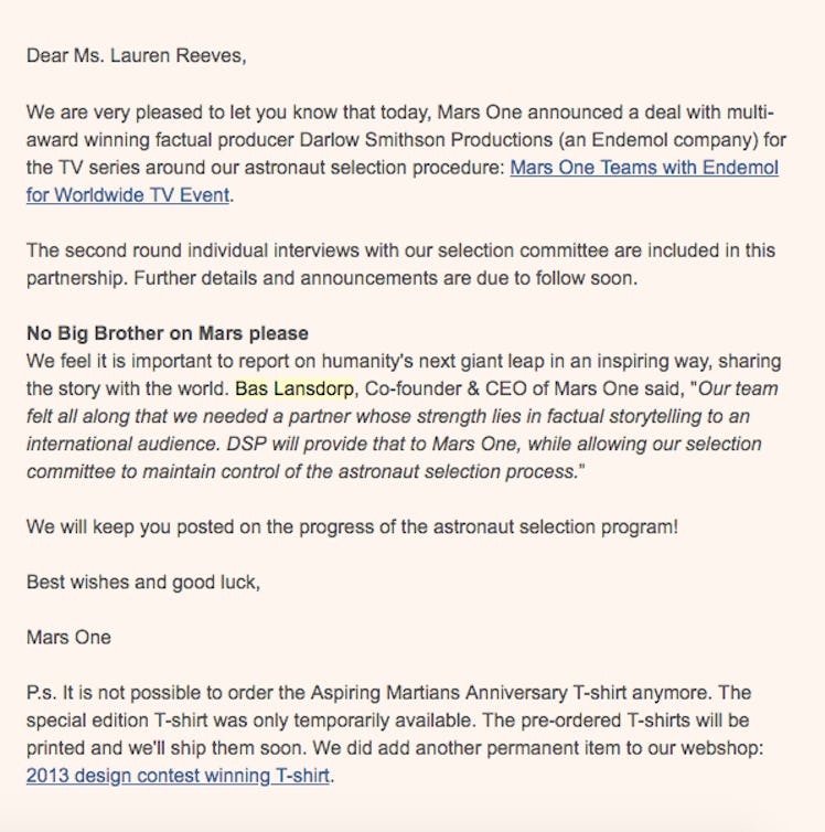 An email to Mars One candidate Lauren Reeves announcing a TV deal that eventually fell through.