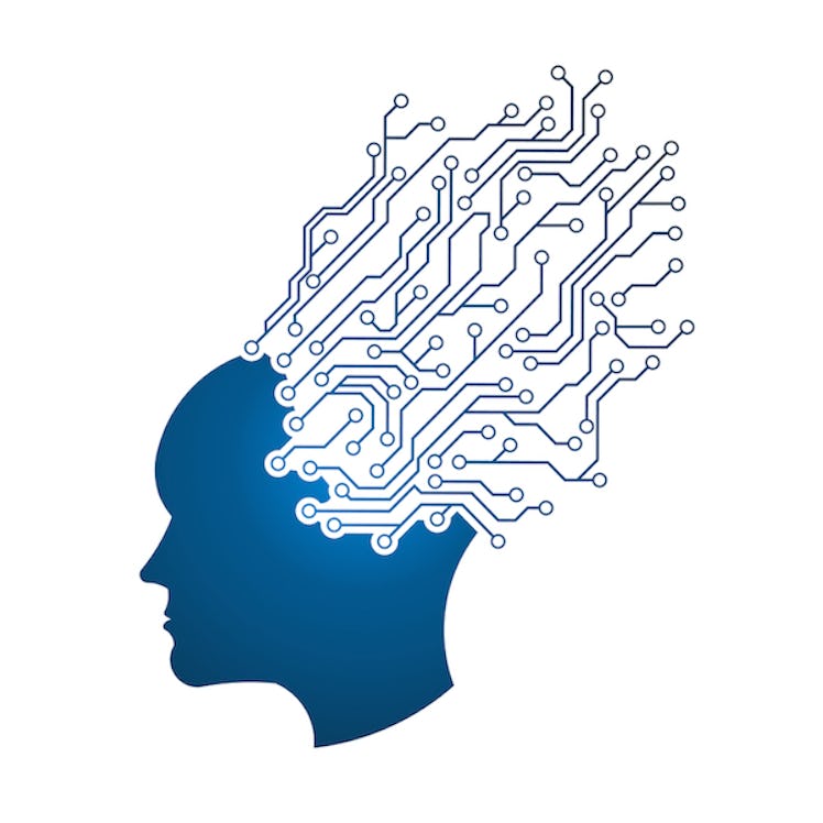 A blue head illustration with connected wires presented as a brain