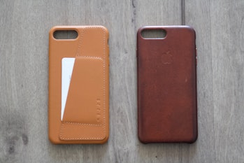 Mujjo leather case versus my 10-month-old iPhone case on the right.