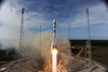 The launch of Soyuz rocket from Europe's Spaceport in French Guiana