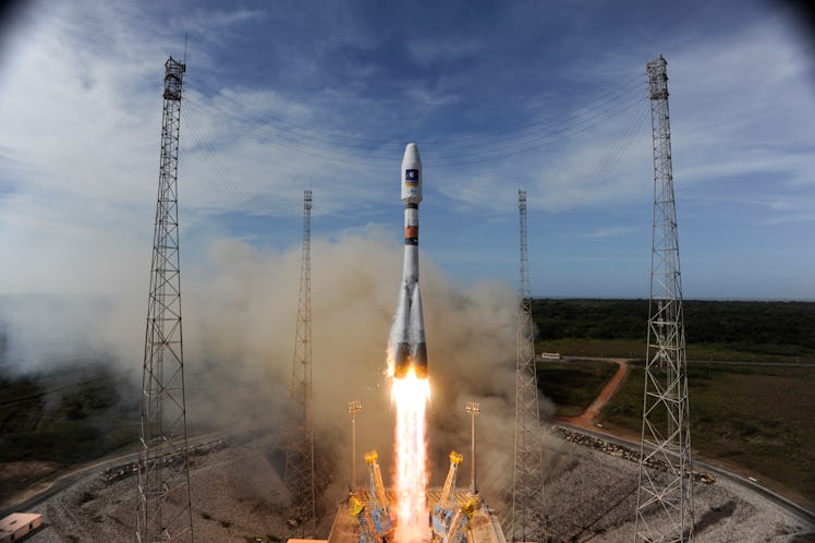 The launch of Soyuz rocket from Europe's Spaceport in French Guiana