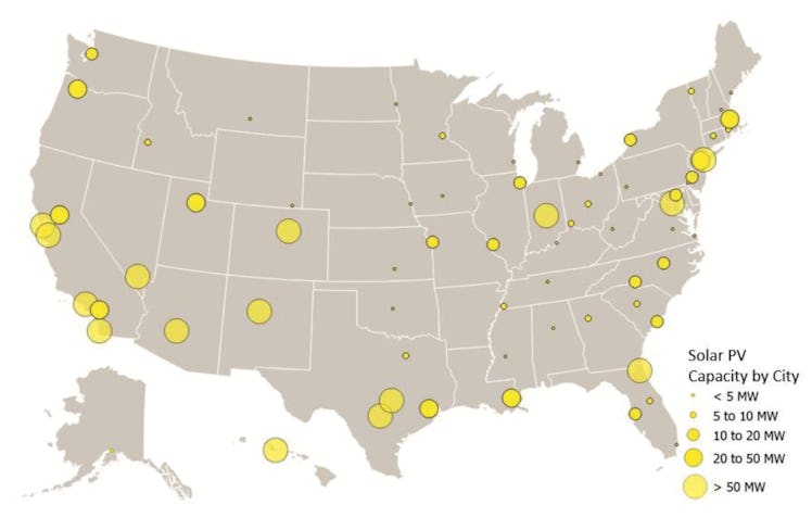 American cities in terms of total installed solar capacity.