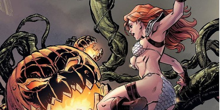 Red Sonja battles pumpkin in Marvel Comics