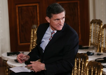 WASHINGTON, DC - FEBRUARY 10: National Security Adviser Michael Flynn sits before U.S. President Don...