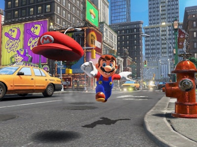 Mario running and throwing his hat in Super Mario Odyssey