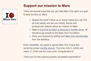 A Mars One fundraising email.