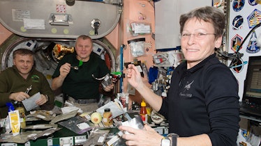 Expedition 50 crewmates (from left) Andrey Borisenko, Oleg Novitskiy and Peggy Whitson at mealtime i...