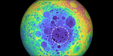 In this false-color graphic showing the topography of the far side of the moon, the warmer colors in...