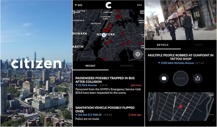 Screenshots of the Citizen app.