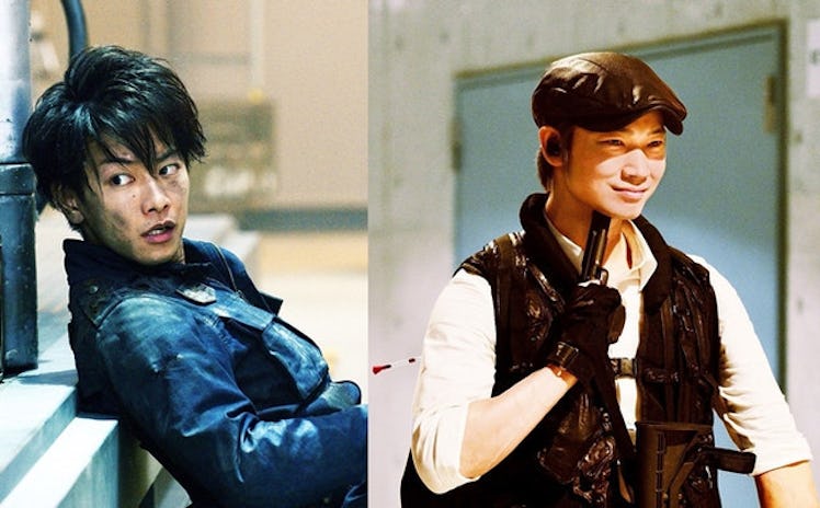 The film's hero, Kei Nagai, played by Takeru Sato, and its villain, Sato, played by Go Ayano.