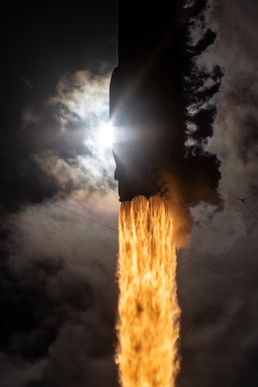 The rocket blazes a fierce trail as it leaves the base.