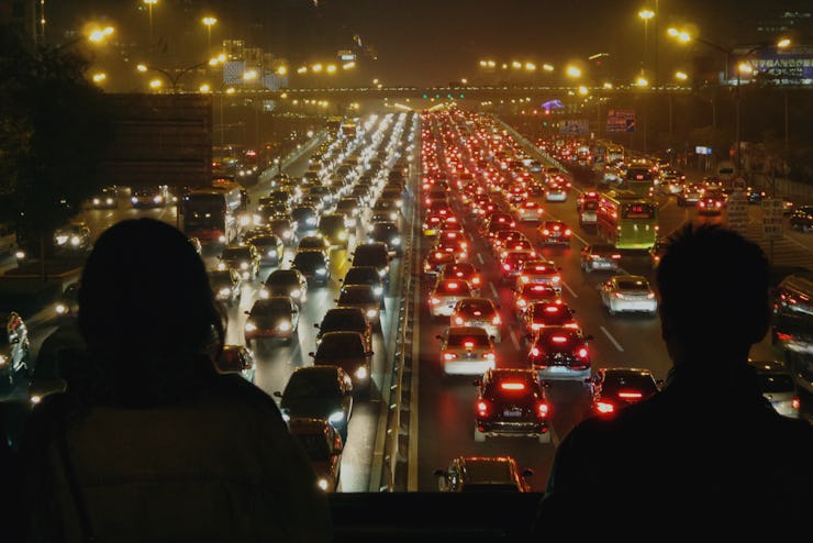 A huge traffic jam with various lines of cars during the eclipse