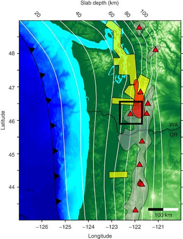 The location of the subduction trench is shown in black and the depth of the Juan de Fuca slab is co...